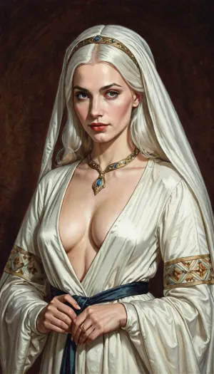 In einer mittelalterlichen Zeichnung einer dünnen Prinzessin mit weißen Haaren zeigt sie eine Vintage-Illustration einer weißen Robe mit ihrer Spaltung ausgesetzt