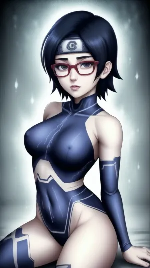 woman, (masterpiece, best quality), forehead protector, konohagakure symbol, (mangekyou, sharingan), ahegao, rolling_eyes, rolling_eyes-000014, .5>, thewpn, blue, skin, bodysuit, CortanaH, uchiha, sarada, bare, shoulders, black, eyes, hair, red, framed, glasses, forehead, protector, arm, warmers, headband, sharingan, <lora:theweapon-nvwls-v1:.5>, <lora:CortanaH:.5>, <lora:my_UchihaSarada_v2:.5>, <lora:POVDoggy:.5>