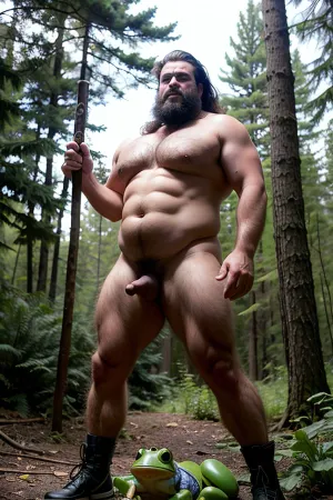 一个女人在树林里拍了一张毛发男子的照片,但他突然带着他的老二逃走了. 在他回来之前,她会拍照和找个地方拍照