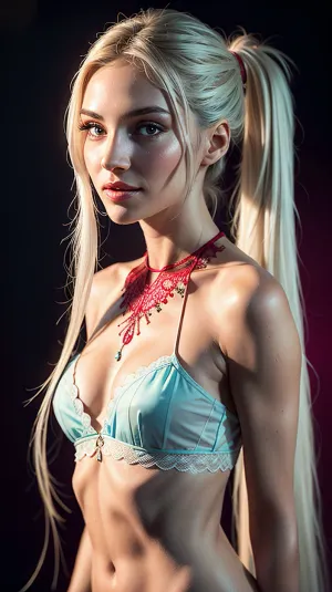 A stunning high-resolution half-turn professional photo of a sexy busty red-laced pornographic photo with high detail, full height, and long white hair tied in a ponytail. The girl is wearing a lace transparent sexy lingerie with