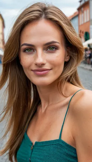 Professional awardwinning photo, fashion photoshoot, creative vision, perfect composition, perfect focus, (zoomed out:1.4), perfect balanced exposure, ((warm smile)), ((full body in frame:1.4)), ((wide angle)), ((tranquil urban environment)), (pretty), ((35yo very slender woman:1.3)), ((slender:1.5)), extremely high resolution, extremely detailed, hyper ultra hd, 8k, ((age appropriate face)), ((oval slender face:1.3)), extremely detailed face and eyes, (extremely detailed skinpores:1.3), ((light brown hair)), medium hairlength, extremely detailed hair, ((straigth styled hair:1.5)), ((thick hair:1.3)), freckles, (green eyes), casual clothing, ((beautiful clothing fashionable)), layered clothing, happy look, focus on eyes, extremely detailed and realistic skin texture, vintage, 4K HD, extremely detailed cinematic lighting, perfect contrast, realistic detailed shadows, masterpiece, (photorealistic), hyperrealistic, <lora:add-detail-xl:.5>, <lora:faces_v3:.5>, <lora:SDXLHighDetail_v5:.5>, <lora:XDetail_light:.5>, <lora:diffusers_sdxl_wrong-lora:.5>, Endless_Up_SDXL_Neg