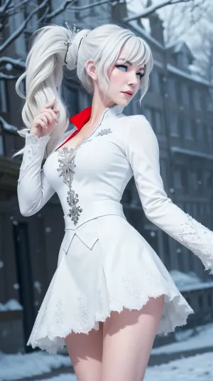 The lone girl stood in the snow, capturing the beauty of nature and her own unique expression. Her portrait was full-body, showing her wide-angle smile and dynamic flutter of hair
