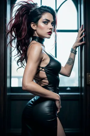 照片中的女人是一个吸血鬼, 她惊人的美丽外表和叛逆的天性。 她穿着朋克女神服装,头戴皇冠和精心设计的发型完成. 她的眼睛穿透着绿色,她的嘴唇
