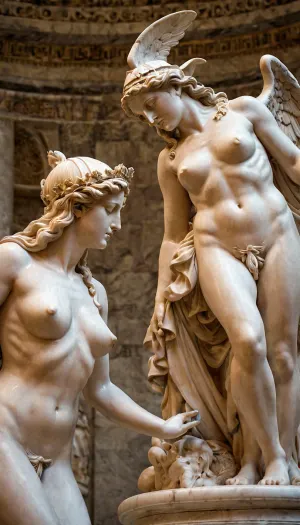 Uma obra-prima fotorealista que retrata duas mulheres em alta resolução, detalhe fotorealista foi criado por um artista. A estátua de Athena e Aphrodites' Touching Easel está agora disponível para compra online