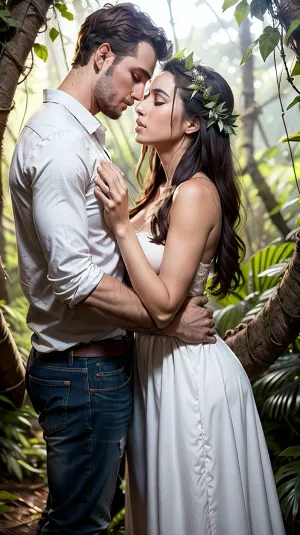 Пара была в джунглях, наслаждаясь романтическим моментом. Они держались за руки и смотрели друг другу в глаза. Девушка была на красивом цветочном гирлянде / наряде, который добавил к ее естественной красоте. Мягкое освещение
