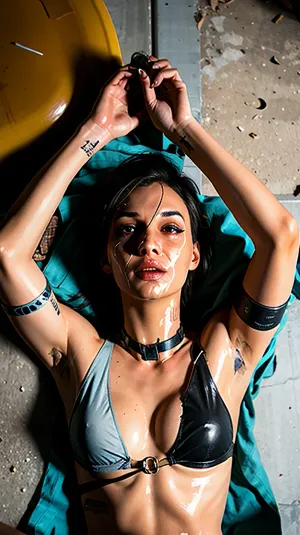 one woman, basement, concrete basement, damp place, lying, lying on her side, slave, (slave 1.5), in a collar, (collar 2.0), torn clothes, ((torn clothes 1.1)), tied with a chain, tied up, upset, unhappy, ((unhappy 1.5)), crying, whole face in tears, ((crying 1.5)), whole face covered in sperm, sperm all over the body, sperm, bowl, bowl filled with sperm, gray eyes, (2 gray eyes), brown hair, top view, eyes open, far away., jdycp, <lora:JudyCyberpunkDogu:.5>, <lora:JudyA:.5>