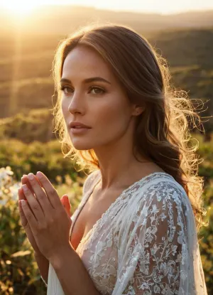 Una donna seduta in una stanza tranquilla, circondata dal bagliore di una foto di Eden. Sentiva un senso di pace e meraviglia mentre guardava il bellissimo paesaggio. Improvvisamente, sentì una voce che le sussurrava: "Figlia mia,