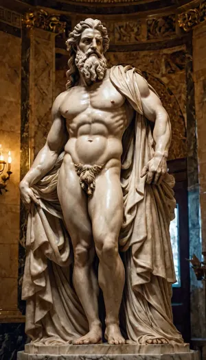 ИИ создал фотореалистический образ Зевса, греческого бога грома и молнии с впечатляющими деталями, такими как его полный вид на фронт и впечатляющая греческая полихромная мраморная статуя