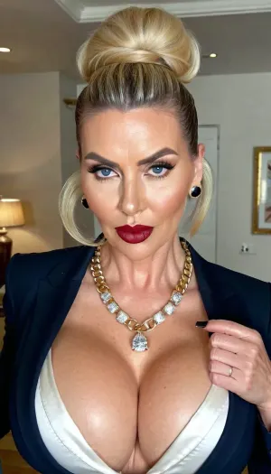 İngiliz başının otobüsü, büyük siyah unbuttoned suit ceketi ve altın elmas kolyesi ile birlikte yürüdü. Ağır göğüsleri her adımla çürüttü, her şeyden dikkat çekti. Onun Her Onun Her