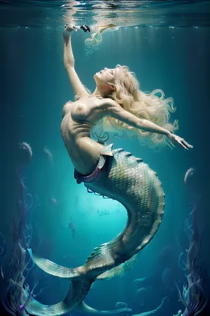 The woman is being attacked by tentacle monsters in an underwater world, fighting back with her bionic octopus arms and tentacles. Her skin is covered in fish scales and other sea creatures, giving her an otherworldly appearance. She fights back