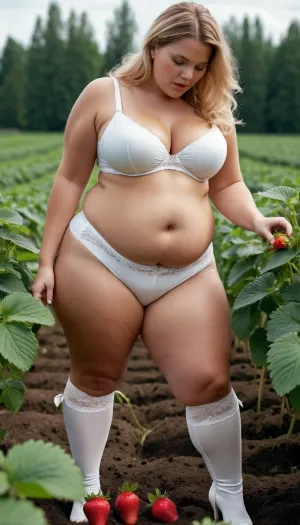 Eine Frau in einem großen weißen Pantalon und weißen BH grabt in einem Erdbeer-Patch, ihr riesiger Arsch auf dem Display