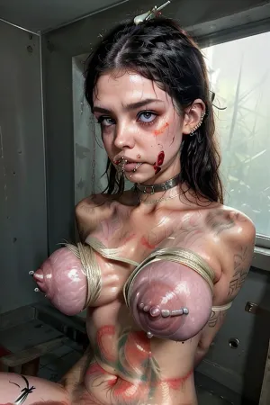Une jeune femme est enchaînée à un mur dans un sous-sol, couverte de sueur et de larmes tandis qu'elle est fouettée par l'homme avec des ailes naturelles et un tatouage sur son dos. La peinture de son corps est frottée, et ses mamelons sont exposés. Les