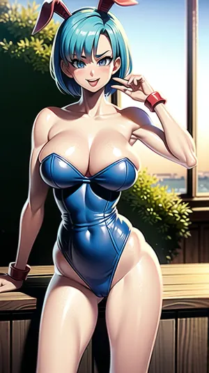 Bulma es una caliente imagen porno AI con grandes tetas, pelo azul, y un hermoso cuerpo femenino. Es la chica conejo original de la popular serie de mangas de Akira Toriyama