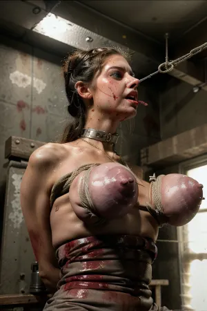 The young woman with angel face and tall girl were sitting in a torture chamber, surrounded by chains and ropes. They were crying and shaking as the tattooed woman leaned over her, holding a needle. The young girl's eyes widened in fear as she