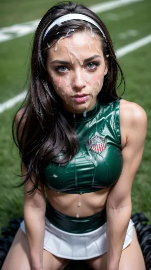 Женщина с идеальным телом и буккаке для волос позирует для камеры в ИИ сгенерированная порно картина, добавив к ее сексуальный вид, как она позирует для камеры с бедерными высокими носками, 8k макияжа и поля блюграс как