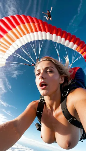 一个穿蓝色跳伞服的年轻女子从悬崖上跳下来,在空中飞翔时感到无重和自由