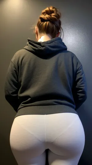 Eine junge erwachsene Frau in ihren frühen 20ern, die ein lässiges Hemd mit Kapuze und Leggings trägt, sitzt auf ihrem Bett. Sie hat mittellange Haare und einen kurvigen Körper. Ihr Gesicht ist leicht gegen die Kamera gekippt,