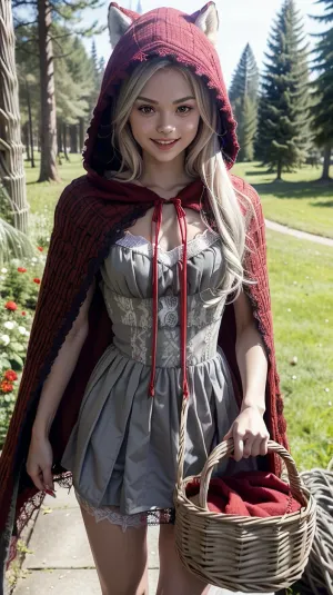 (Elsa Jean), (red riding hood, in forest), (holding wicker basket with handle:1.8), (red woolen hood and cape:1.8), (lace pantires up bodice:1.8), (grey wolf walking in background:1.8), woman, portrait, ((18 years old)), ((slim figure)), cheeky smile, ((skin with high detail)), high quality, detailed skin texture, (light highlighted white blonde hair:1.3), high detail, (smile:1.2), ((slender body)), (realistic), soft focus, soft light, insanely detailed, top quality, elsajean, <lora:weight_slider_v2:-1>, <lora:age_slider-LECO-v1:-3>, <lora:elsajean:.5>