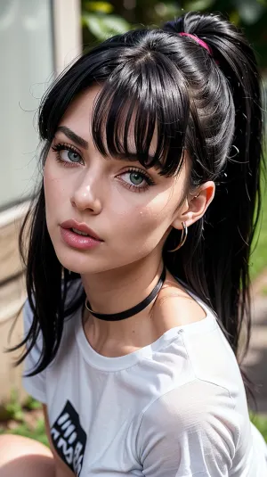 ((21yo model on her knees)), euro WOMAN, woman black hair, black hair, fringe, bangs, hair, cleopatra hairstyle, messy hair, oval face, green eyes, round eyes, big load OF CUM on face, deep perspective, ((skinny face)), ((long messy tousled after sex hair frames her face)), tousled hair, blue eyes, skinny, perfect body, perfect breasts, pov, looking up at viewer, eye contact, (detailed face:1.3), ((wearing a white t-shirt with the words "FUCK MY ASS" in black writing on front)), long sleeves, surprised, messy updo, black bikini bottoms, breasts, mega, ponytail, bukkake, cum, <lora:texta:.8>, <lora:xl_mega_ponytail-1.0:.5>, <lora:MS_Real_XL_Bukkake:.5>