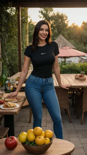 The woman with the beautiful smile and sexy hips sat at an outdoor table, enjoying a delicious meal with her family. They were all dressed in their best clothes, looking as if they had just stepped out of a fashion magazine. The sun was setting behind