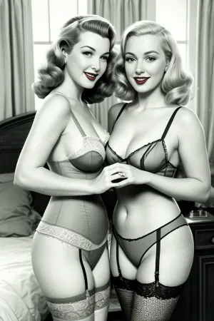 一个1940年代的家庭主妇,一个穿着女人的老式丝袜和吊袜套装,在她把化妆品应用到卧室时笑了起来. 她同时觉得很性感和礼貌