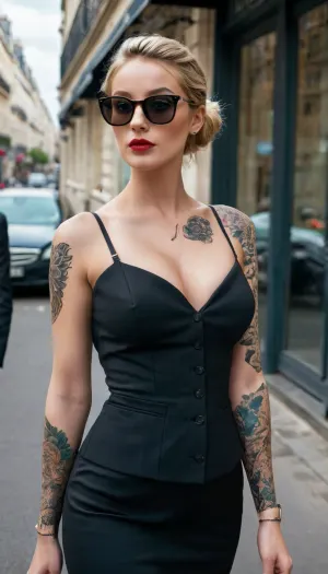 A woman in a black suit with glasses and medium length blonde hair is pictured smoking a cigarette and wearing glasses while standing on a sidewalk in Paris, looking very classy and futuristic