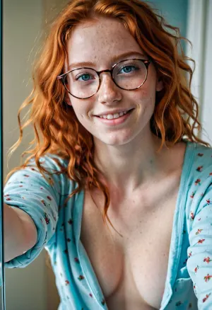 अदरक के बालों और freckles के साथ एक युवा वयस्क लड़की ने दर्पण के सामने एक सेल्फी ली, उसे सही स्तन दिखा दिया जिसने किसी को देखा कि उन्हें खुश और सामग्री महसूस होती है। उसकी टॉपलेस पिक्चर को दर्पण में लिया गया था, उसे दिखा रहा था