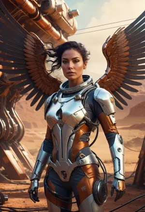 Un bel astronaute de cyborg avec des ailes, mélangeant des racines de filles britanniques et mexicaines, est posé pour un combat. Son accent aigu et son mélange complexe de racines de filles britanniques et mexicaines ajoutent à l'attrait visuel de son image. La technique de peinture numérique utilisée pour créer cette