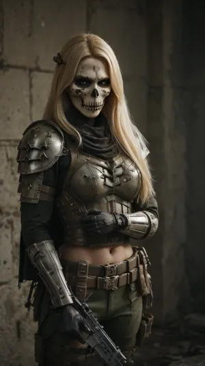 La barbie blonde portait un joli masque de crâne girly et tenait une arme, debout devant l'armée de l'escadron de la mort, prêt à se battre pour son pays