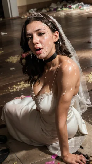 金发女人躺在脏地板上,身着婚纱和头巾. 她有完美的手和脚, 有5个手指。 她的表情是疲劳 流了很多汗 她做爱了