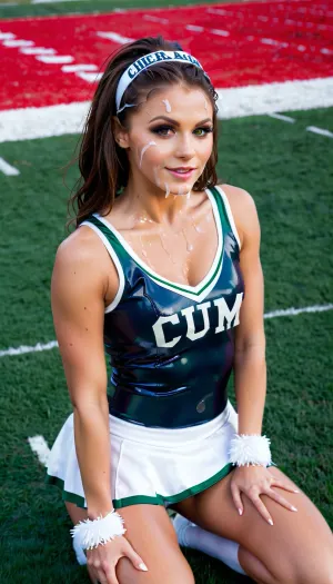 Solo, 1girl, kneeling down on grass looking up at viewer, view from above, masterpiece, (perfect lighting:1.4), (skinny:1.4), (ultra detailed face:1.4), (ultra high detailed cheerleader outfit:1.4), (('Team Cum' written on top)), 8k, (slutty cheerleader outfit in, (black, white, green), , :1.4), (high resolution:1.4), (24 year old cheerleader:1.4), body, 5ft, heavy makeup, Brunette hair, blue eyes, tanned skin, hairband, thigh high socks, (tons of cum:1.4), American Football field, outside, grass, logo, text, sign, that, says, the, word, woman, on, face, bukkake, cum, <lora:facialized:.5>, <lora:texta:.5>, <lora:JustCum:.5>, <lora:MS_Real_XL_Bukkake:.5>