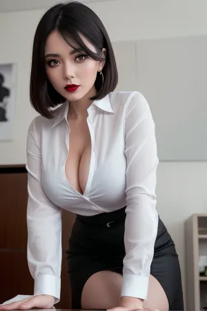办公室的秘书是一副美貌的眼光,有着完美的眼睛和善良的表情. 她向前倾斜,露出她完美的白色上衣和深红色的嘴唇. 她的化妆是无瑕疵的,突出她的美丽特征. 当她倾斜
