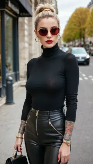 The woman in the picture is wearing a futuristic outfit with a leather bucket bag and high heels. She has perfect makeup, full lips, and her eyes are open with pleasure. She wears a red stiletto heeled boot with silver metal rings