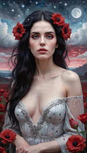 A woman with long black hair and piercing blue eyes stood in front of a hauntingly beautiful hyper-real pastel galaxy stars painting. The woman's eyes were sorrowful, as if she had seen too much pain in her lifetime. The photo