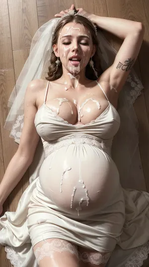 एक महिला पीठ पर स्थित है, एक शादी की पार्टी के बाद थक गई, उसके शरीर को पसीना में कवर किया गया और कंडोम का इस्तेमाल किया गया। उसकी अभिव्यक्ति यौन संबंध के दौरान गहरी योनि सम्मिलन में से एक है। उसके पास सही हाथ और उंगलियों है, जिसमें सी कप ब्रेस्ट और एक पतली कमर है