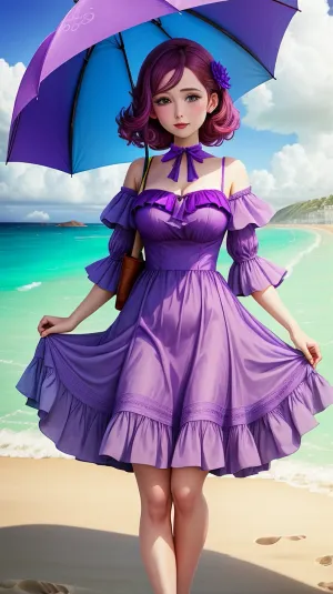 Una giovane ragazza in un vestito viola si trovava sulla spiaggia, tenendo il suo ombrello viola alto sopra la testa. È stata coraggiosamente ispirata dall'opera di Alice Prien, un artista famoso che aveva usato la piena altezza per creare opere d'arte mozzafiato. The