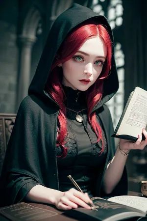In un castello gotico scuro, una donna dai capelli lunghi rossi e occhi dettagliati si trovava davanti a un calderone. Indossava un mantello magico nero e teneva un ritratto fotorealistico di Harry Potter. Con la sua conoscenza esperta di Dark Magic