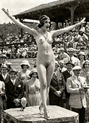 woman, roaring twenty, cocaine chic. 1920s Vintage nude beauty contest, naked beauty pageant, early 1920 beauty standards, (1920s entourage:1.4), outdoor podium catwalk, analog photo