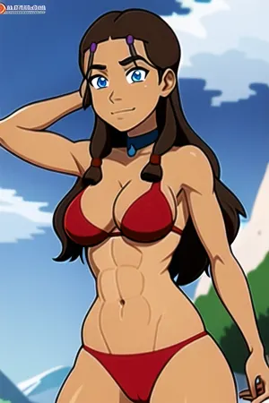 1girl, collar, dark tanned skin, high detailed, insanely detailed high resolution, Katara, katara, brown hair, highly detailed, detailed muscles, red bikini, blue eyes, cartoon, <lora:Katara:.69>