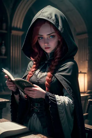 La donna nel castello gotico con i capelli lunghi rossi e gli occhi bellissimi dettagliati si trovava di fronte a un calderone, scattando foto con la sua immagine 8K come lei incantesimi con precisione e bellezza. Il mago ha scattato una foto mentre si girava verso