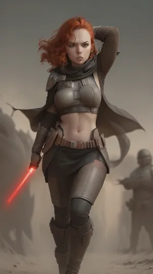 Star Wars. Cinematic lighting, full body shot, Dynamic angle, A cute tall tall skinny fit cyberpunk, ((midriff)), woman with ginger hair, curly hair, cape blowing in the wind, (((hair))), ((angry)), (mouth closed), natural breasts, ((looking at viewer)), black hooded cape, hood down, fit thighs, armor, mandalorian, star, war, Explosion, (holding a red lightsaber), ((running)), (swinging a lightsaber), <lora:mandalorian:.5>, (angry), <lora:Expressions_Helper:.5>, detailed, skin, blemish, <lora:polyhedron_new_skin_v1.1:.5>