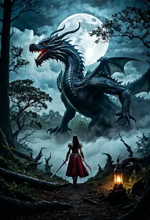 一个女人拿着剑,走在黑暗的树林里, 当满月的光照亮了场景。 雾和云会形成一种紧张的气氛,而女人则坚决地挥剑