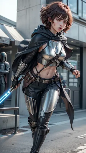 Eine Frau mit Ingwer-Haar, lockigen Haaren und einem tomboyischen Aussehen hält eine Waffe und Blick auf die Kamera mit voller Körperaufnahme. Sie hat Cyberpunk-Stil Rüstung auf ihren Armen