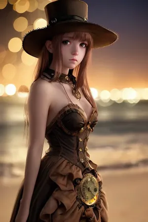 A steampunk screenshot of a young adult girl wearing andress on a beach at night. Looking at viewer, beautiful detailed eyes, bokeh, depth blur . anime style, key visual, vibrant, studio anime, highly detailed? full view