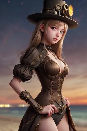 A steampunk screenshot of a girl wearing andress on a beach at night
