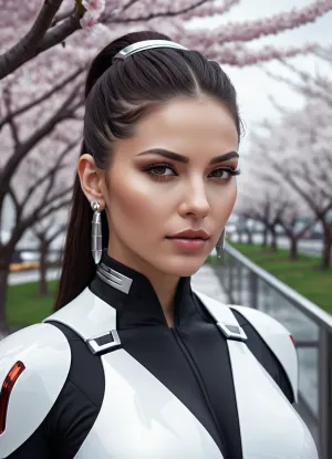 closeup of a womans face, latina, in a dense virtual city, helghast soldier, mirrors edge, cherry blossom trees, retro stylized, sleek modern architecture, flat coloring, reflections, reflective glass windows, retro, atmospheric clouds, virtual reality world, primary colors, unreal engine, 4k, glowing neon signs, rim lighting, matte colors, shiny, outlines, concept art, sharp eyebrows, chin, sharp nose, full plump lips with shiny gloss, elegant long hair in a tall ponytail, silver hair band, white contact lenses, black and white body suit, mass effect, natural large breasts, 34mm lense, water fountains, long parted hair bangs, large silver earrings