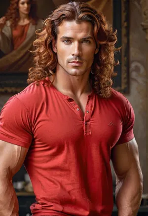 John es un hombre de 35 años con una sonrisa profunda y misteriosa, una aglomeración masculina y pelo rojo ondulado largo. Está representado en un tiro articuloso por artgerm y edouard bisson,
