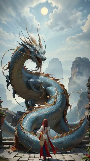 मैडेन एक विशाल loong के सामने खड़ा था, जो उनके सामने सूरज के रूप में पीछे से गले लगाते थे।