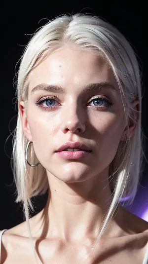 The AI generated a high-definition, ultra-realistic photograph of a young woman with bright purple irises and perfect white hair. The photo was highly detailed and showed the woman's perfect facial features, including her full body view