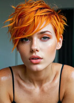 那个18岁漂亮的模特儿 用她亮亮的橙色乱七八糟的精灵头发舔我的老二 让我越来越想要 我迫不及待想用她的大奶子 上上下上下上操她